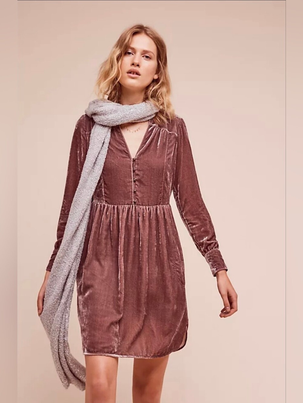 Anthropologie HOLDING HORSES Velvet Long-Sleeve V-Neck Dress Size S